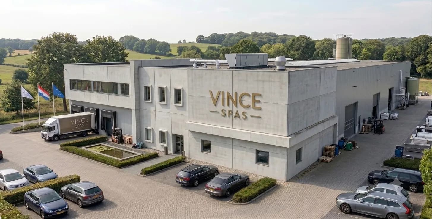 Het eigen pand van Vince Spa's met het logo op de gevel en een eigen vrachtwagen bij de laaddeuren